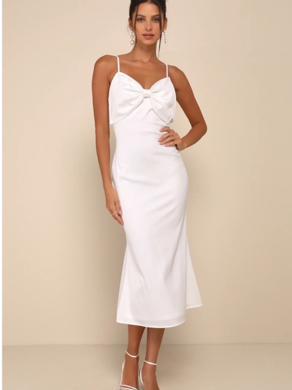 Lulu’s White Spaghetti Strap Midi Dress with Front Bow